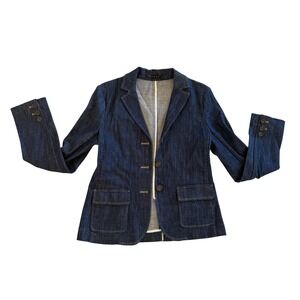 Theory Women Dark Wash Denim Blazer Jacket Sz 6 Cotton Stretch Academia Made USA